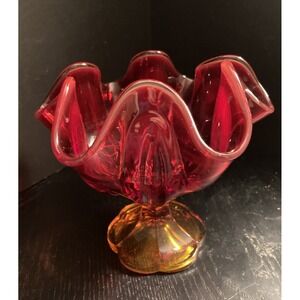 Vintage 1960s L.E. Smith Amberina Six Petal Orange Footed Candy Dish Compote EUC